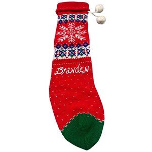 Christmas stocking knit snowflake Branden red white puff ball 21" READ